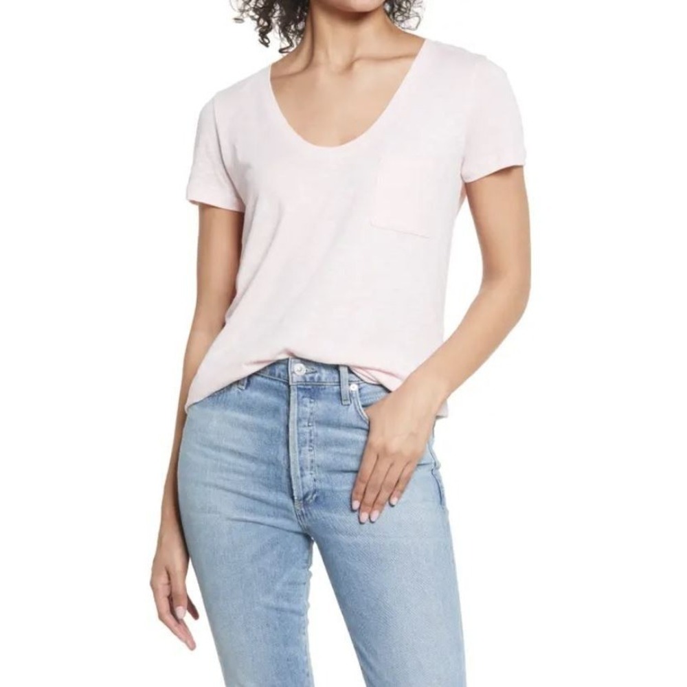Caslon Women's Scoop Neck Short Sleeve Cotton/Modal Pocket Tee in Pink Chintz XS